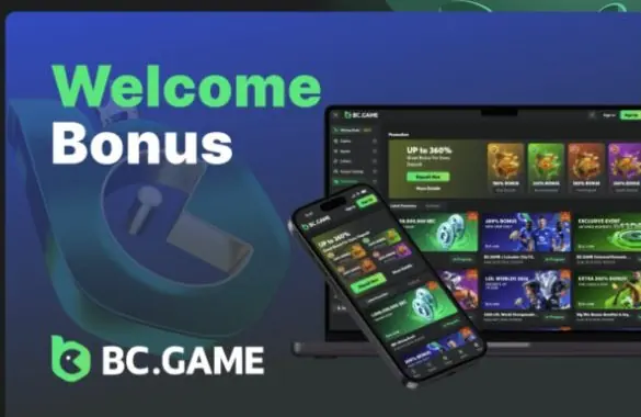 BC.GAME welcome bonus interface with mobile and desktop screens